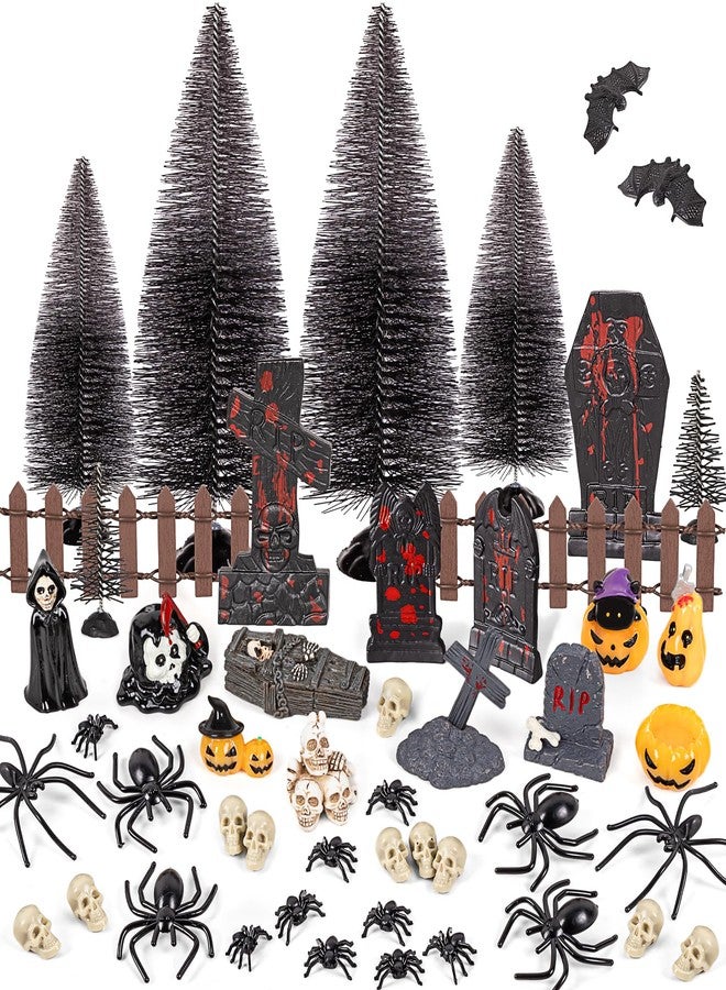 Freesdai 69Pcs Halloween Village Accessories Set Included Skeleton Pumpkin Spider Tree Coffin Skull Tombstone Bat Fence - Miniatures Figurines Decorations for Summerween Hallowmas Party Decor Tabletop - Image 1